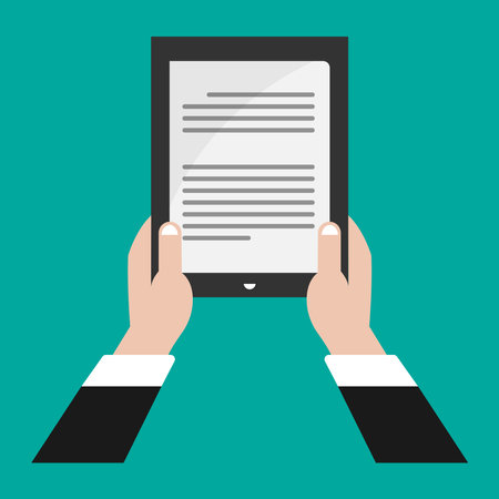 Human hands holding tablet with document. Flat design. Vector illustration.のイラスト素材