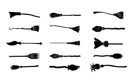 Set of black silhouettes of witch's broom. Vector illustration.のイラスト素材