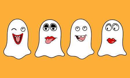 Cartoon spooky ghosts. Vector illustration of cute ghosts with different emotions.のイラスト素材