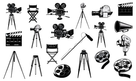 Cinema icons set. Movie camera, film reel, projector, director's chair, clapperboard, megaphone, video camera. Vector illustrationのイラスト素材
