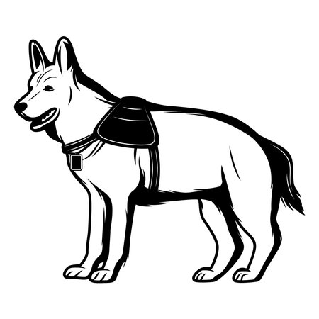 Vector image of a German shepherd dog in a harness on a white backgroundのイラスト素材