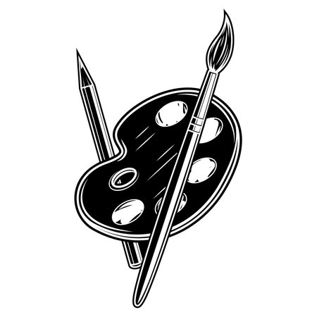 Paint palette and brush. Vector illustration in black and white colors.のイラスト素材