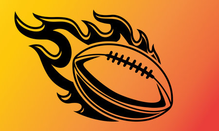 Illustration of a rugby ball with flames on an orange background.のイラスト素材