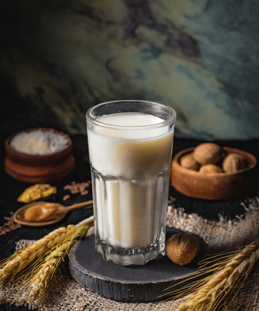 Milk in a glass bottle, rustic style, selective focusの素材