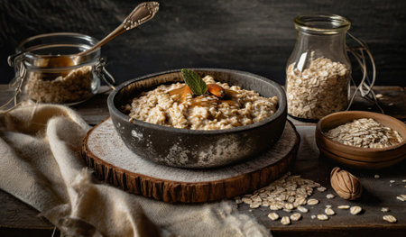 Oatmeal porridge in a ceramic bowl on a wooden background.の素材
