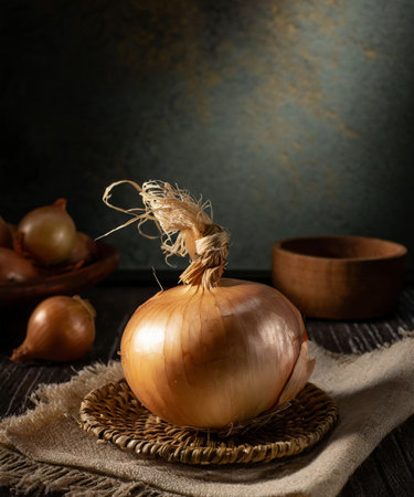 Onion on a dark wooden background. Dark rustic style.の素材