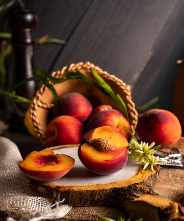 Fresh peaches on rustic wooden table. Rustic style.の素材