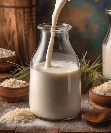 Milk in a glass bottle, rustic style, selective focusの素材