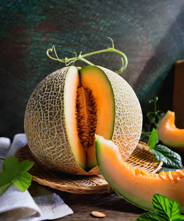Ripe melon with green leaves on a wooden table. Dark rustic style.の素材