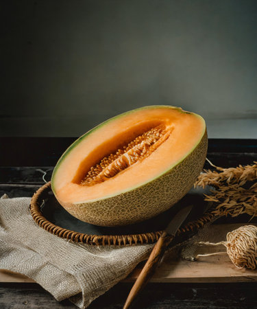 Ripe melon with green leaves on a wooden table. Dark rustic style.の素材