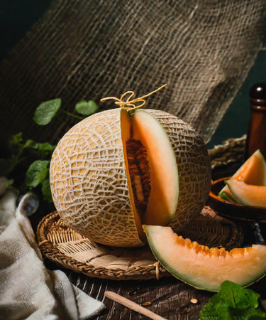 Ripe melon with green leaves on a wooden table. Dark rustic style.の素材