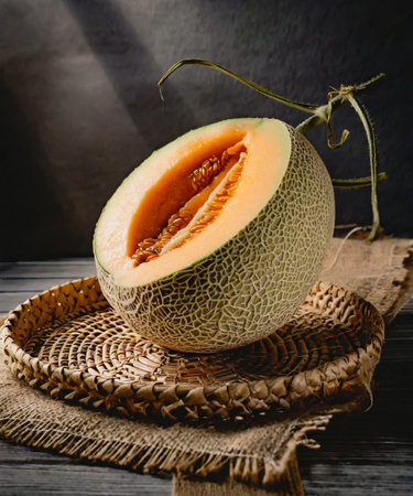 Ripe melon with green leaves on a wooden table. Dark rustic style.の素材