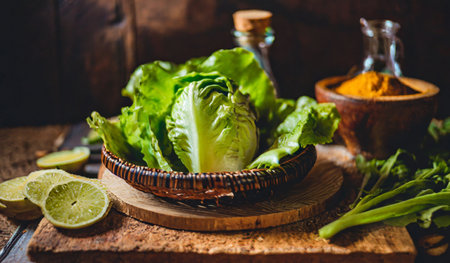Lettuce in a basket and spices on a wooden background.の素材