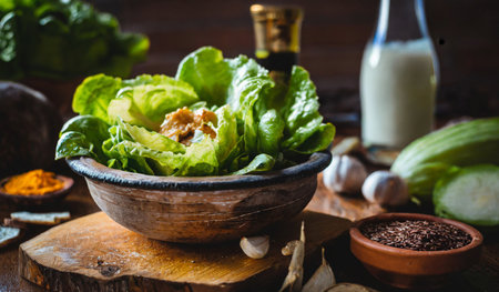 Fresh salad with lettuce, onion and garlic on a wooden board.の素材