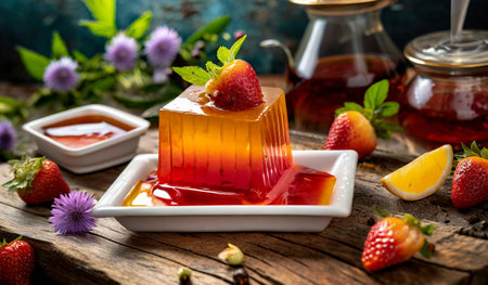 Strawberry jelly with fresh berries on dark wooden background, selective focusの素材