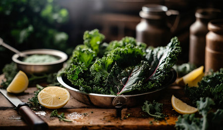 Fresh green kale leaves with black pepper and lemon on rustic backgroundの素材