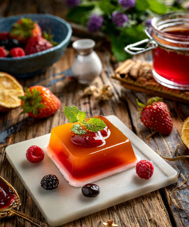 Strawberry jelly with fresh berries on dark wooden background, selective focusの素材