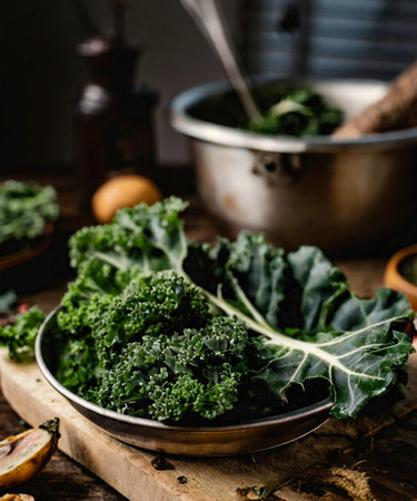Fresh green kale leaves with black pepper and lemon on rustic backgroundの素材