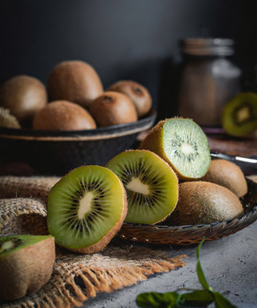 Fresh kiwi fruit in a basket on a rustic backgroundの素材