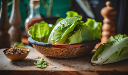 Fresh Romaine lettuce in a wooden bowl on a rustic kitchen tableの素材