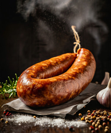 smoked sausages with spices and herbs on a black backgroundの素材