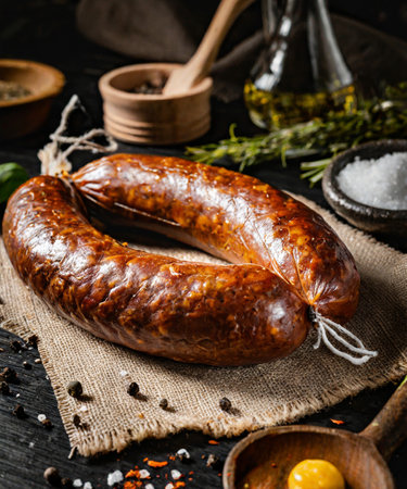 smoked sausages with spices and herbs on a black backgroundの素材