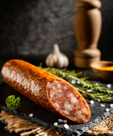 smoked sausages with spices and herbs on a black backgroundの素材