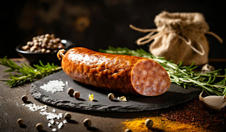 smoked sausages with spices and herbs on a black backgroundの素材