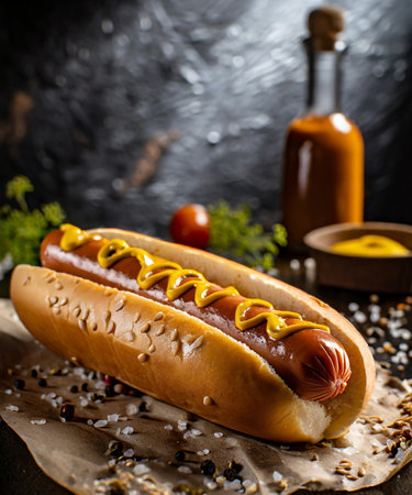 Hot dog with mustard, ketchup and mayonnaise on wooden backgroundの素材