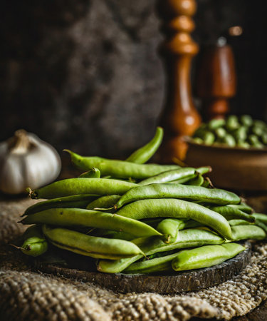 Fresh green beans on rustic wooden background. Selective focus.の素材