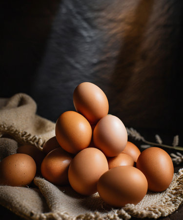 Eggs on sackcloth over dark wooden background, selective focusの素材