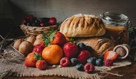 Fresh berries and croissants on rustic wooden background, selective focusの素材