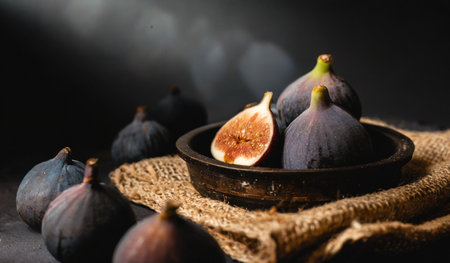 Fresh figs in a bowl on a dark background. Selective focus.の素材