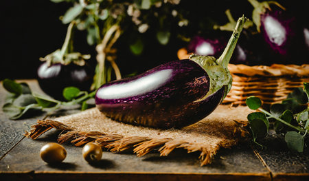 Fresh eggplants and garlic on a dark background. Selective focus.