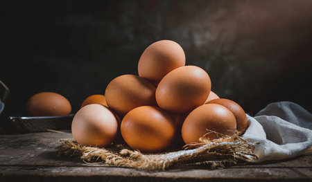 Eggs on a wooden table, rustic style, selective focusの素材
