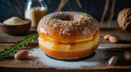 Donut with icing sugar and fresh strawberries on a wooden background.の素材