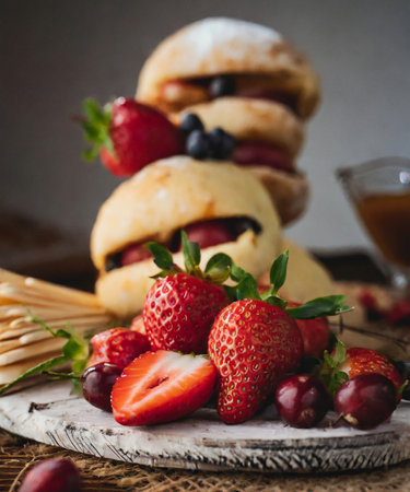 Fresh berries and croissants on rustic wooden background, selective focusの素材
