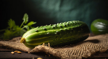 Fresh cucumbers with herbs on a wooden background. Selective focus.の素材