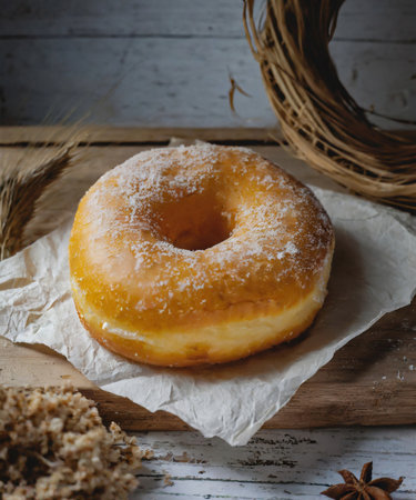 Donut with icing sugar and fresh strawberries on a wooden background.の素材