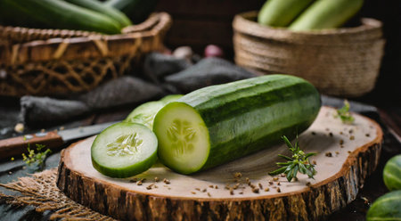 Fresh cucumbers with herbs on a wooden background. Selective focus.の素材