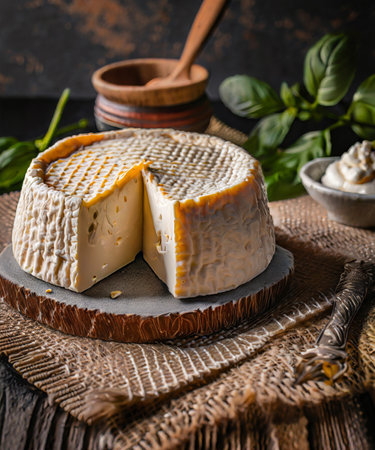 Camembert cheese with mold and fresh basil on a wooden boardの素材