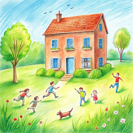 Children play with a dog on the lawn near the house. Watercolor illustrationの素材
