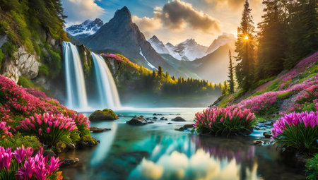 Beautiful panoramic view of alpine waterfall and blooming meadow with pink crocus flowers at sunset. Location place Swiss alps, Europe. Artistic style post processed photo. Beauty world.の素材