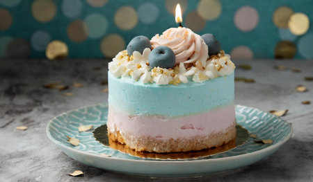 Delicious birthday cake with blueberry and cream on table, closeupの素材