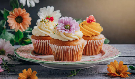 Cupcakes with buttercream frosting and flowers on a wooden backgroundの素材