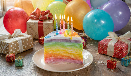 Rainbow cake with candles, gifts and balloons on a wooden backgroundの素材