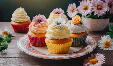 Cupcakes with buttercream frosting and flowers on a wooden backgroundの素材