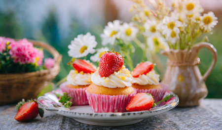 Strawberry muffins with whipped cream and fresh strawberries on a plateの素材