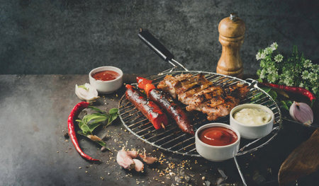 Barbecue grill with grilled meat, sausages, vegetables and sauces on dark backgroundの素材