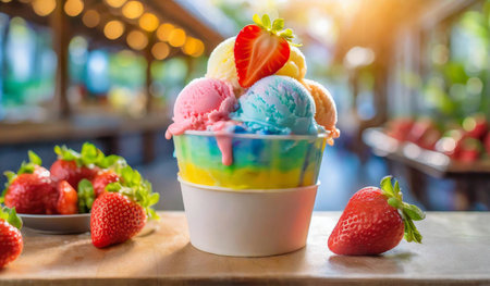 Strawberry ice cream in bowl on wooden table, stock photoの素材